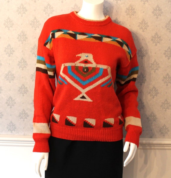Vintage 1980s Evian Colorful Orange Aztec Long Sle