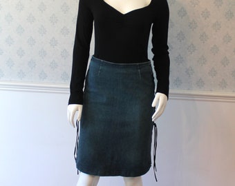 Vintage Early 2000s Moschino Jeans Blue Stretch Demin Black Leather Lace Up Pencil Skirt