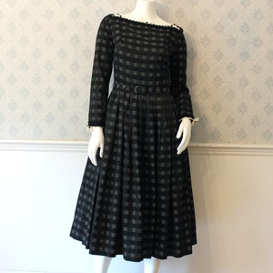 Vintage 1950s Black and White Checkered Long Sleeve Swing Skirt Dress with Red Tulle Petticoat image 2