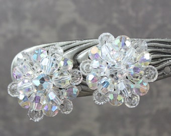 Vintage Clear Crystal AB Beaded Cluster Silver Clip On Earrings