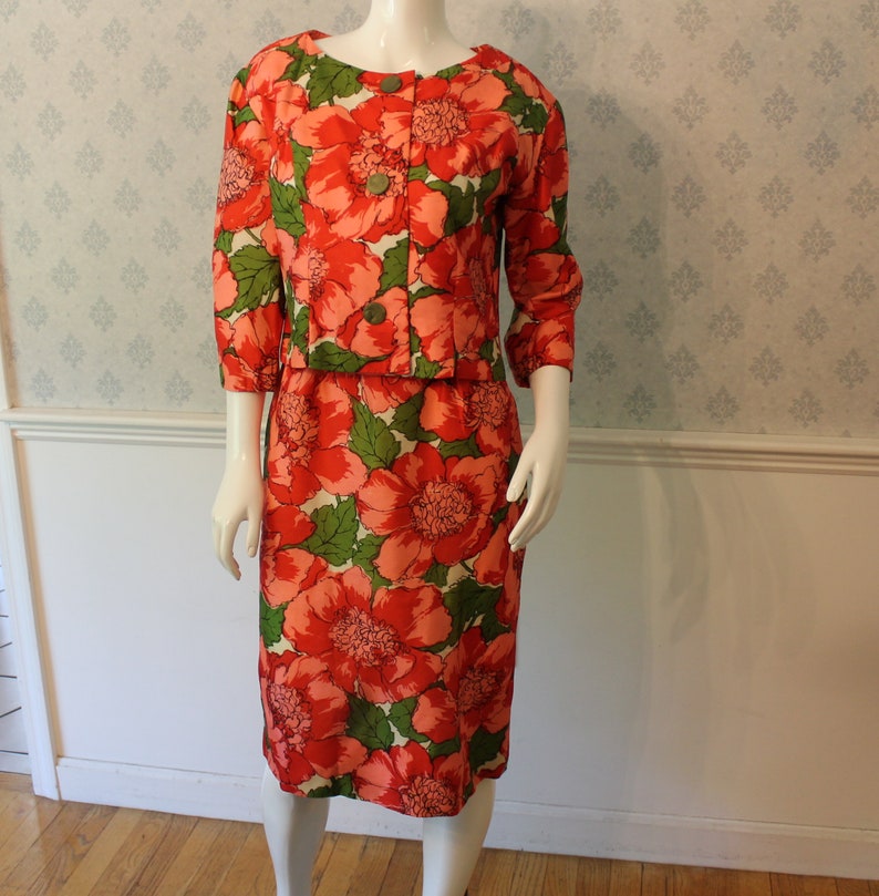 Vintage 1950s to 1960s Red, Pink & Green Bright Floral Print Silk Matching Pencil Dress and Short image 1