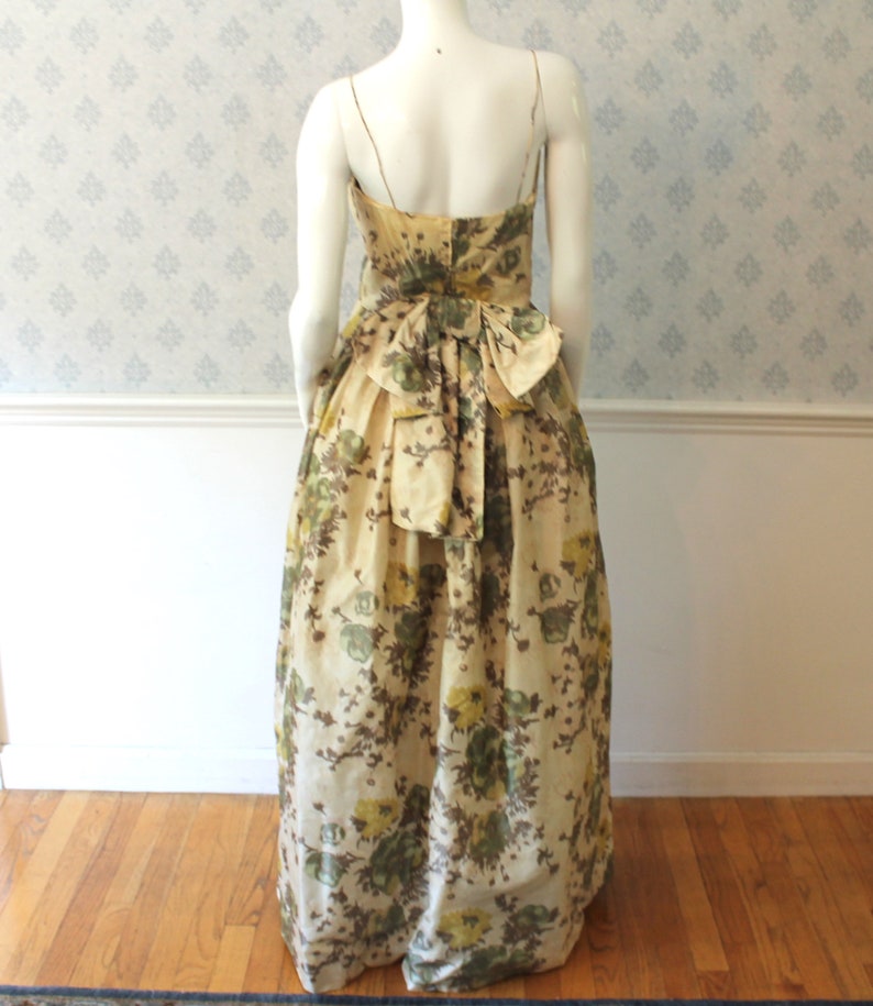 Vintage 1950s to 1960s Rita Thornton Yellow and Green Floral Silk Spaghetti Strap Evening Gown or Dress image 5