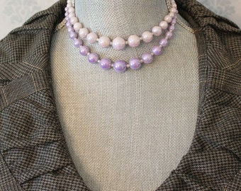 Vintage 1950s to 60s Double Strand 2 Tone Pearly Purple Faux Pearl Graduated Beaded Necklace