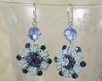 Pale Blue Enamel and Crystal Rhinestone and Beaded Sterling Silver Flower Earrings