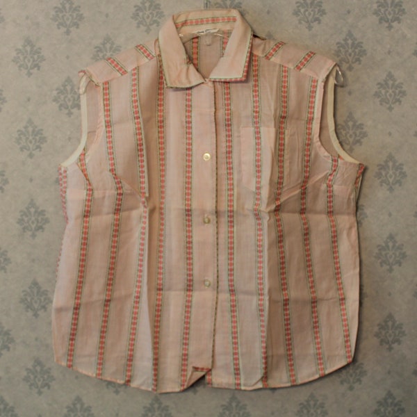 Vintage NOS Lady Colonial Late 1950s Pink, White and Green Striped Women's Sleeveless Button Down Top