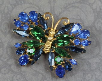 Vintage Napier Emerald Green and Sapphire Rhinestone Gold Tone Butterfly Brooch