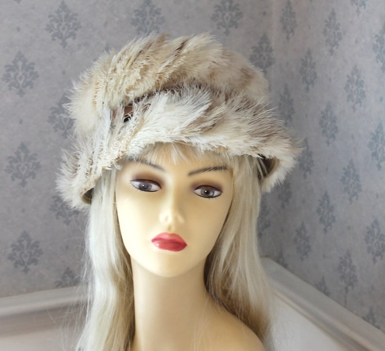 Vintage Mid Century Brown and Ivory Feather Covered Women/'s Hat