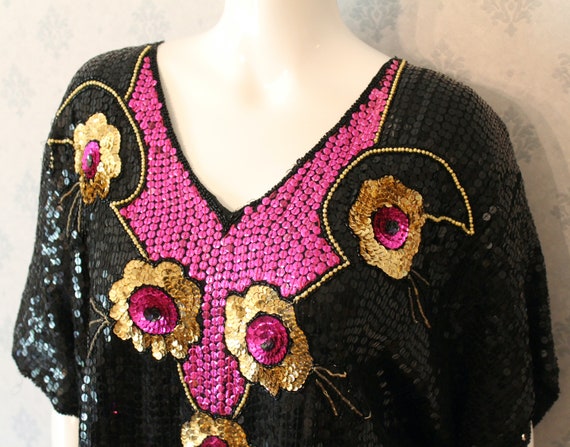 Vintage 1990s Sparkly Black, Gold and Pink Sequin… - image 2