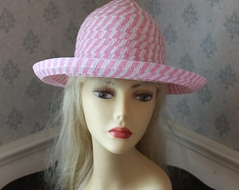 Vintage 1990s Escada Margaretha Ley Designer Women's Pink and White Woven Hat