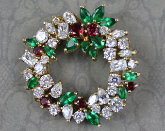 Vintage Gold over Sterling GHJ Red, Green and Clear Rhinestone Christmas Wreath Brooch