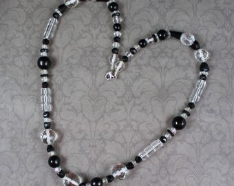 Vintage Art Deco Jet Black and Clear Beaded Glass Necklace