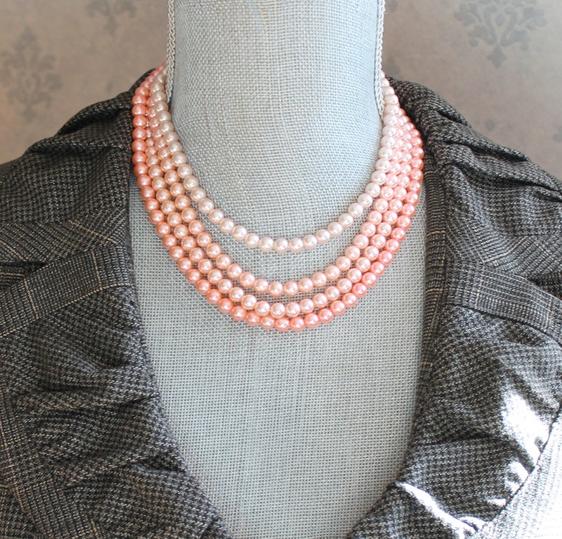 Vintage 1950s to 1960s 4 Strand Pink Faux Pearl Graduated Beaded Japan Necklace image 2