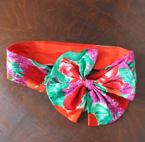 Vintage 1980s Bright Red, Purple and Green Floral… - image 1