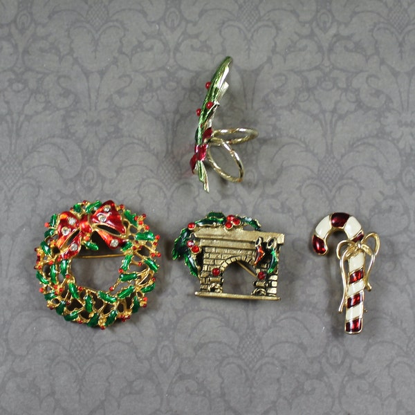 Lot of 4 Vintage Christmas Holiday Brooches and Scarf Accessory