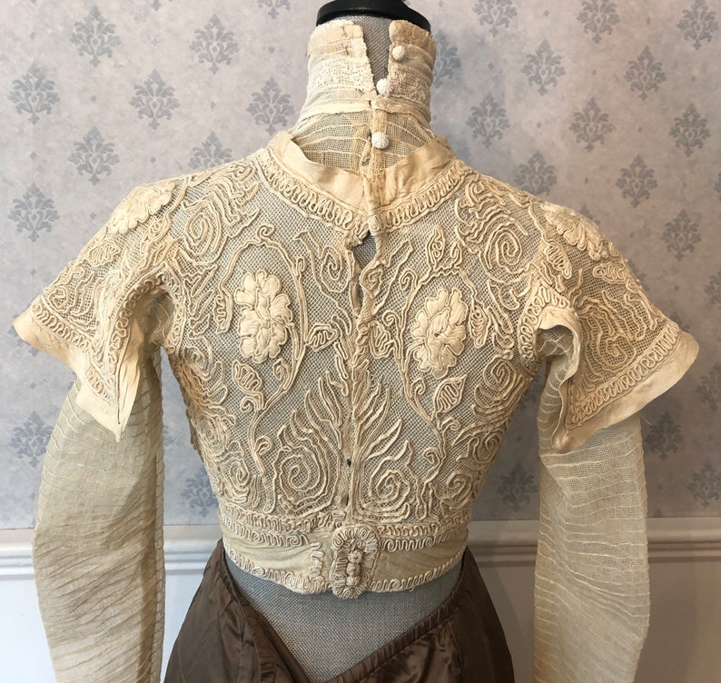 Antique Edwardian 1900s Soutache Net Lace High Neck Blouse image 8