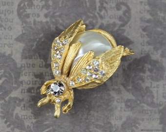 Vintage Textured Gold, Clear Rhinestone and Faux Pearl Figural Bug Brooch