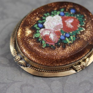 Antique Victorian 1800s Oval Goldstone Floral Mosaic Gold Filled Brooch image 4