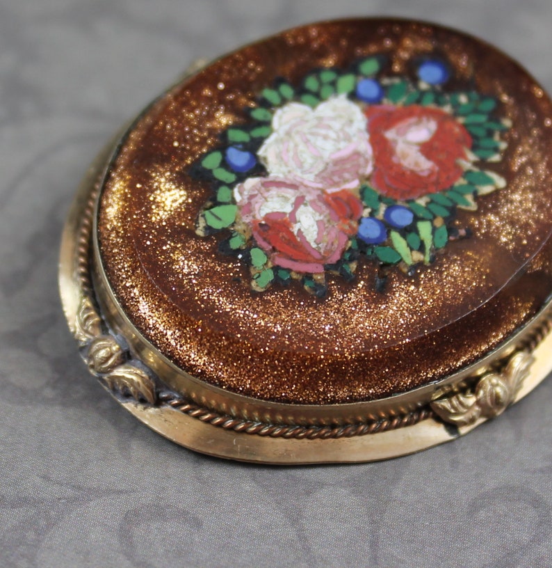 Antique Victorian 1800s Oval Goldstone Floral Mosaic Gold Filled Brooch image 4