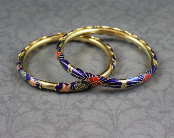 Vintage Lot of 2 Gold Tone Cloisonné Bangle Bracelets