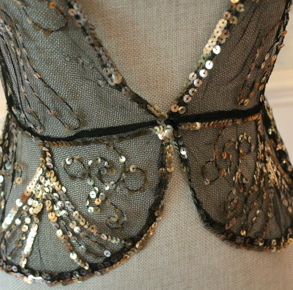 Vintage 1930s Black Net Lace & Gold Sequin Short … - image 6