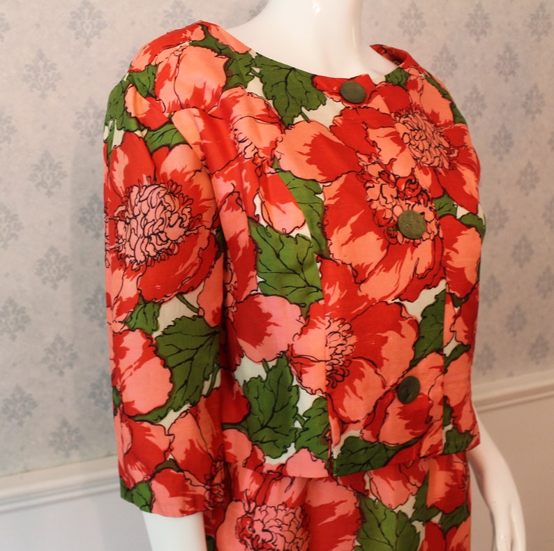 Vintage 1950s to 1960s Red, Pink & Green Bright Floral Print Silk Matching Pencil Dress and Short image 4