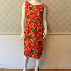 Vintage 1950s to 1960s Red, Pink & Green Bright Floral Print Silk Matching Pencil Dress and Short image 2