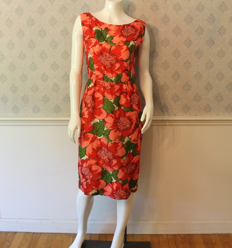 Vintage 1950s to 1960s Red, Pink & Green Bright Floral Print Silk Matching Pencil Dress and Short image 2