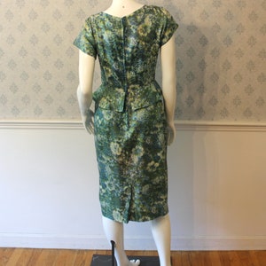 Vintage 1950s Blue and Green Abstract Floral Peplum Short Sleeve Wiggle Dress image 7