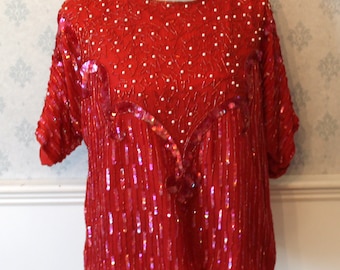 Vintage Annabelle 1980s to 1990s Red Beaded and Sequin Faux Pearl Short Sleeve Women's Silk Top Size L