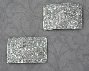 Pair of Vintage Art Deco Clear Rhinestone Filigree Silver Tone Metal Shoe Buckles