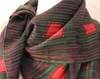 Vintage Oscar de la Renta for Accessory St. Red, Purple, Green and Silver Thread Plaid Scarf