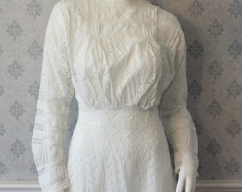 Antique Edwardian to 1910s White Cotton Cutwork Eyelet Lace Long Summer or Lawn Dress