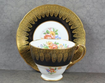 Vintage Hammersley Intricate Gold Gilt and Black Floral Bouquet Bone China Bone Tea Cup