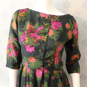 Vintage 1950s Gigi Young Pink, Orange, Green and Black 3/4 Sleeve Silk Button Front Dress image 1