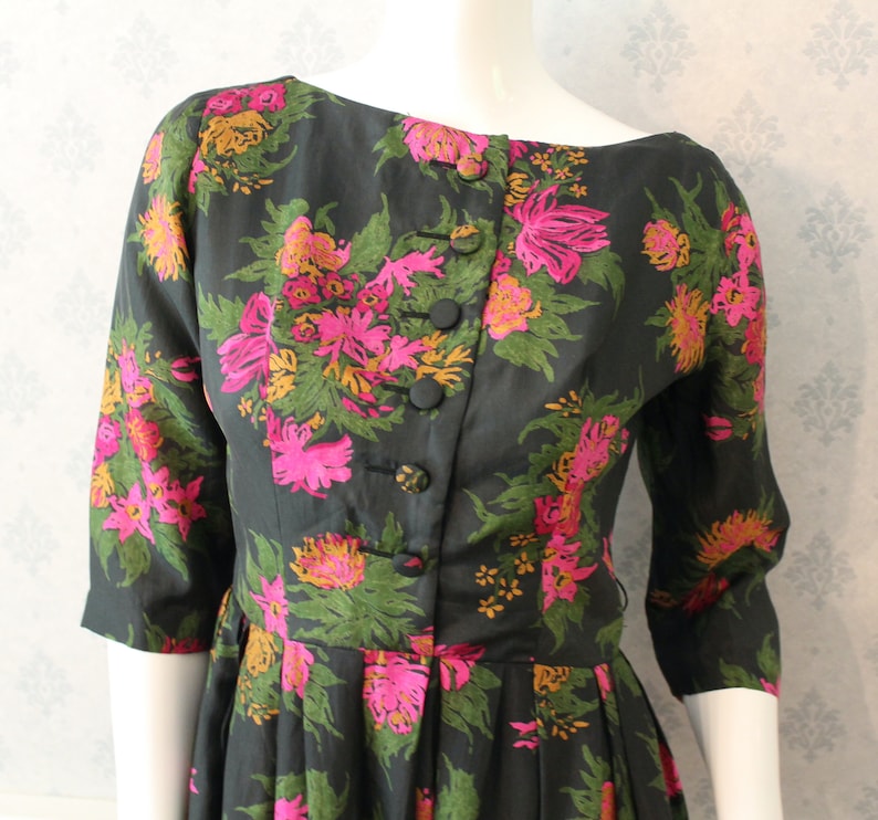 Vintage 1950s Gigi Young Pink, Orange, Green and Black 3/4 Sleeve Silk Button Front Dress image 1