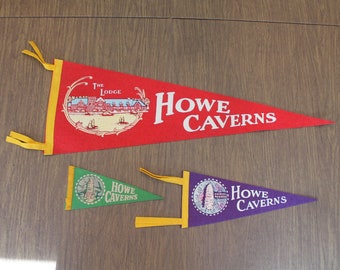 Lot of 3 Vintage Howe Caverns Red, Purple and Green Felt Pennants or Flags in Various Sizes