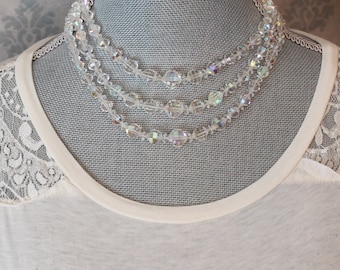 Vintage 1950s Triple Strand Clear Crystal AB Beaded Necklace