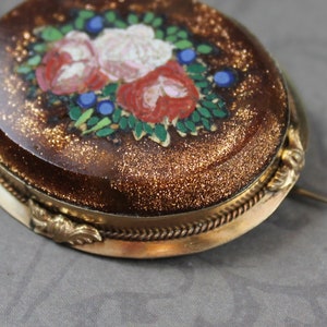Antique Victorian 1800s Oval Goldstone Floral Mosaic Gold Filled Brooch image 2