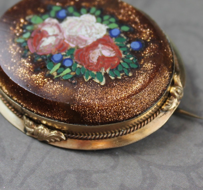 Antique Victorian 1800s Oval Goldstone Floral Mosaic Gold Filled Brooch image 2
