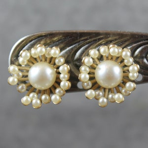 Vintage Crown Trifari Round Golden Faux Pearl Sunburst Clip On Earrings