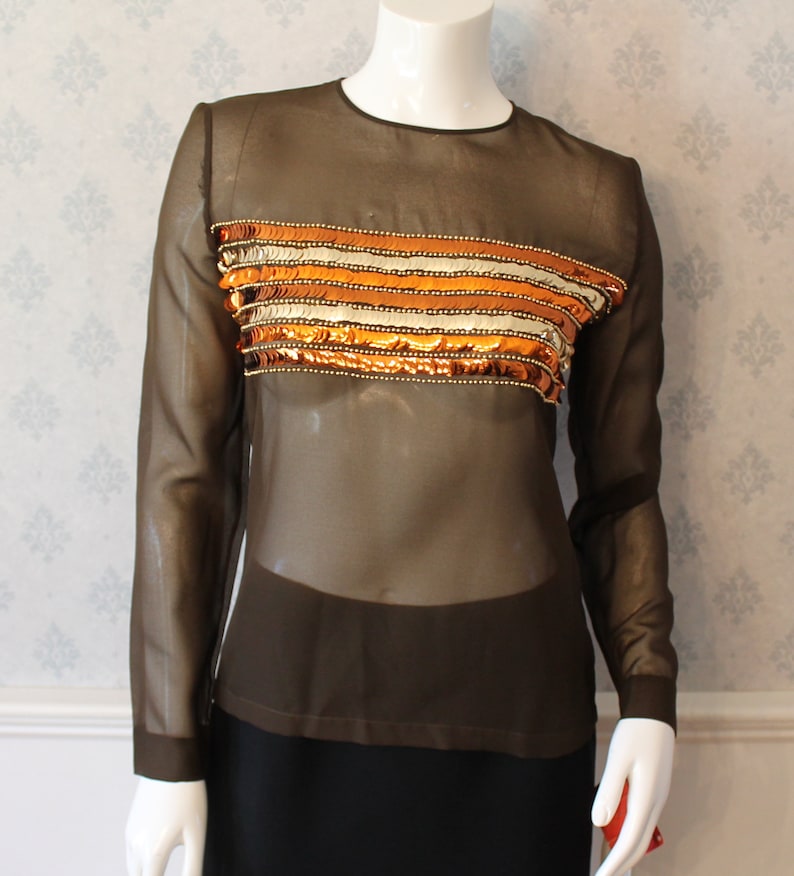 Vintage 1970s Brown Sheer Orange and Gold Sequin Long Sleeve Top image 1