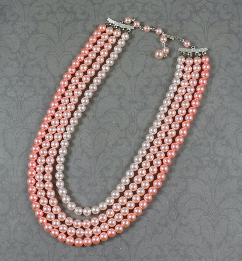 Vintage 1950s to 1960s 4 Strand Pink Faux Pearl Graduated Beaded Japan Necklace image 3