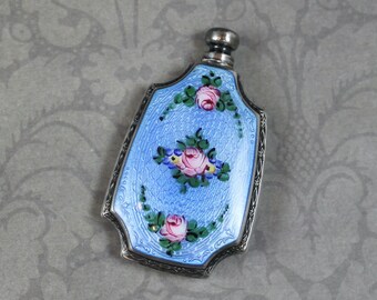 Antique Sterling Silver Blue Floral Guilloche Enamel Small Perfume Bottle