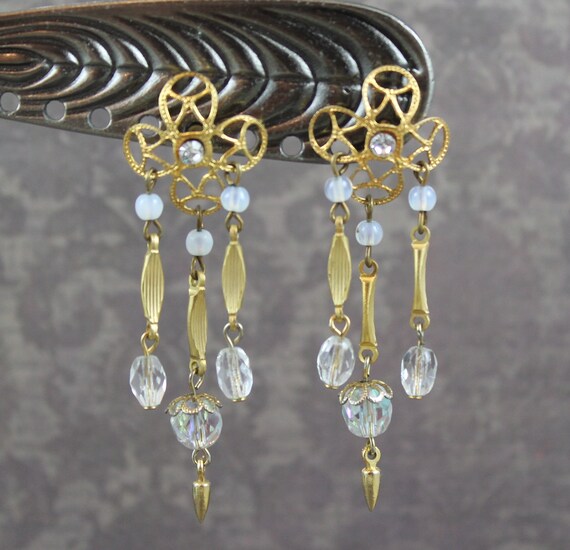 Vintage Gold, Opaline and Clear Crystal Beaded Da… - image 1