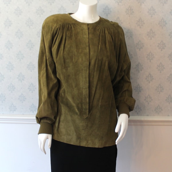 Vintage 1980s to 1990s Levante Olive Green Suede Women's Long Sleeve Top