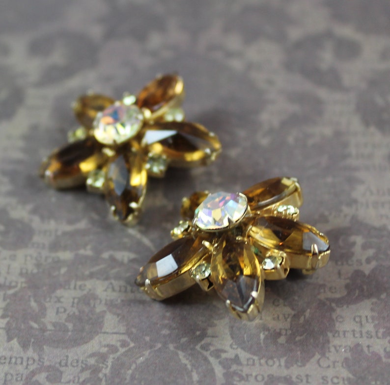 Vintage Topaz and Clear AB Crystal Rhinestone Open Back Gold Tone Star or Flower Clip On Earrings image 4