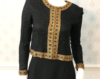 Vintage Stenay Black and Gold Beaded and Sequin Long Sleeve Women's Jacket