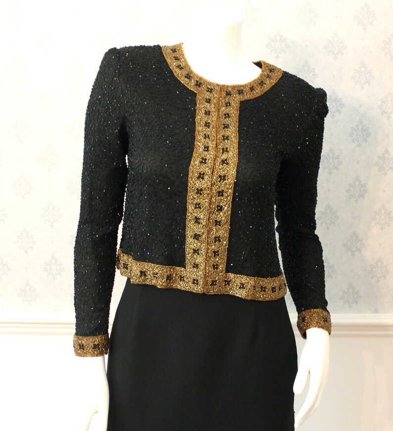 Vintage Stenay Black and Gold Beaded and Sequin Long Sleeve Women's Jacket image 1