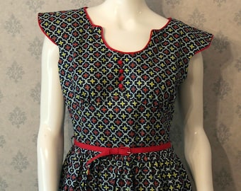 Vintage 1950s Navy Blue, Red & Green Printed Short Sleeve Cotton Belted Dress