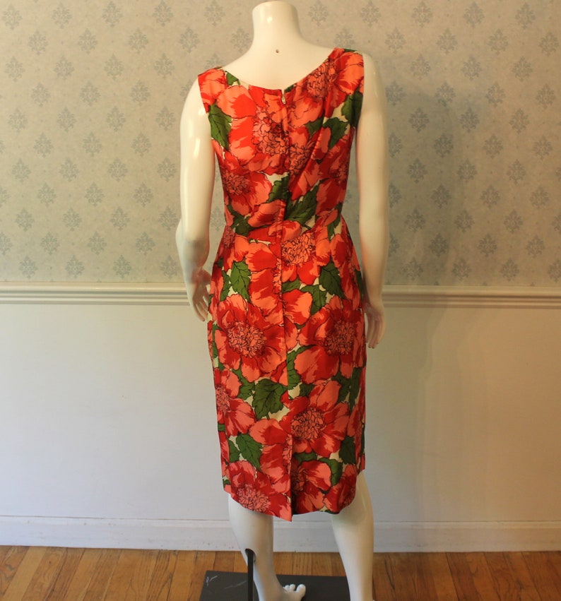 Vintage 1950s to 1960s Red, Pink & Green Bright Floral Print Silk Matching Pencil Dress and Short image 6